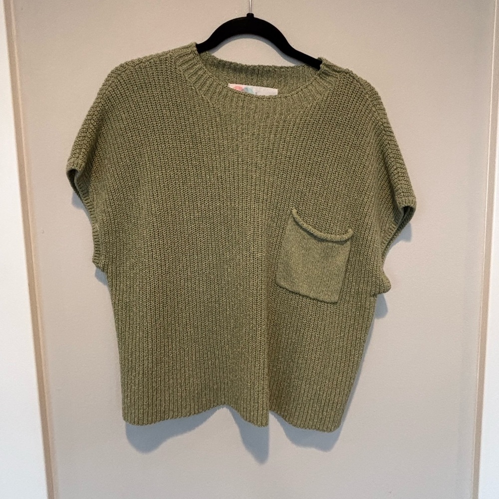 Free People Olive Green Ribbed Crewneck Sweater with Pocket